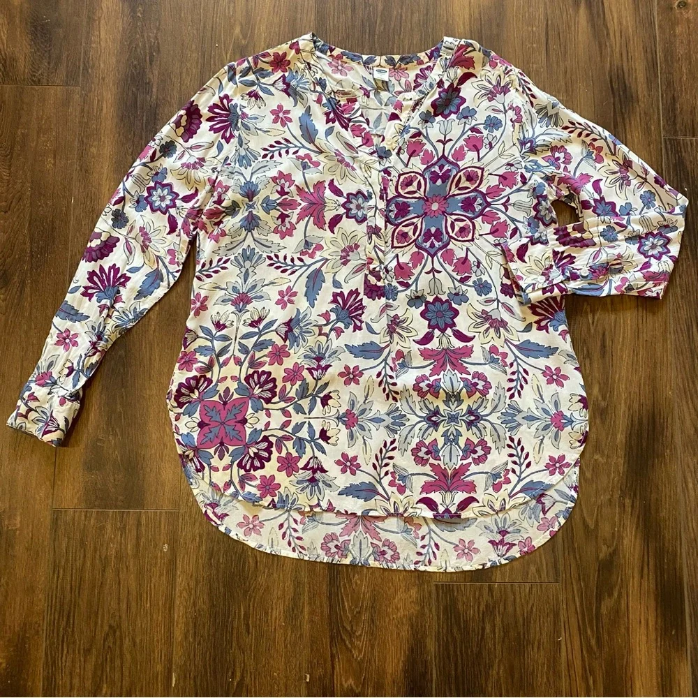 Floral long sleeve blouse curved hem colourful button front - Picture 5 of 11